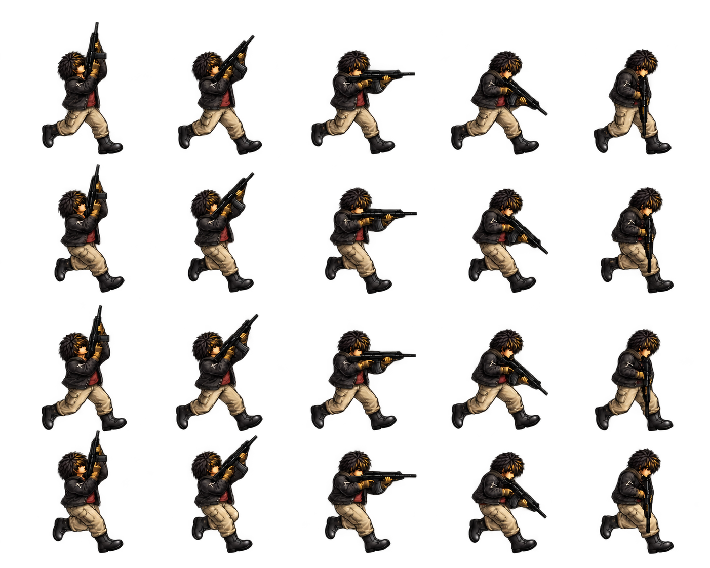 Twenty complete Gruge running poses with his rifle aimed up, diagonally up, forward, diagonally down, and down.